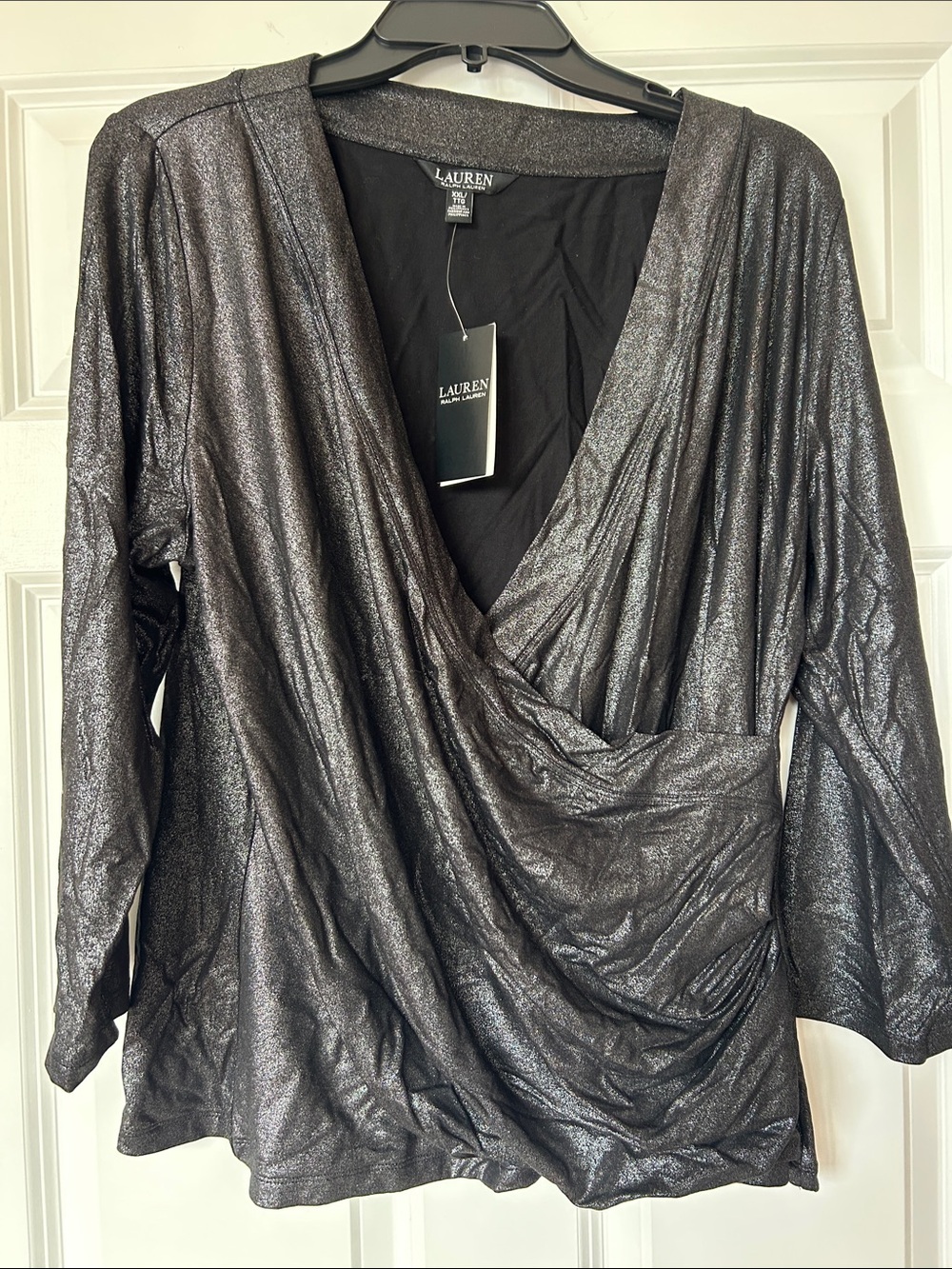 Lauren Ralph Lauren Shimmery Metallic Gray Draped Surplice Top